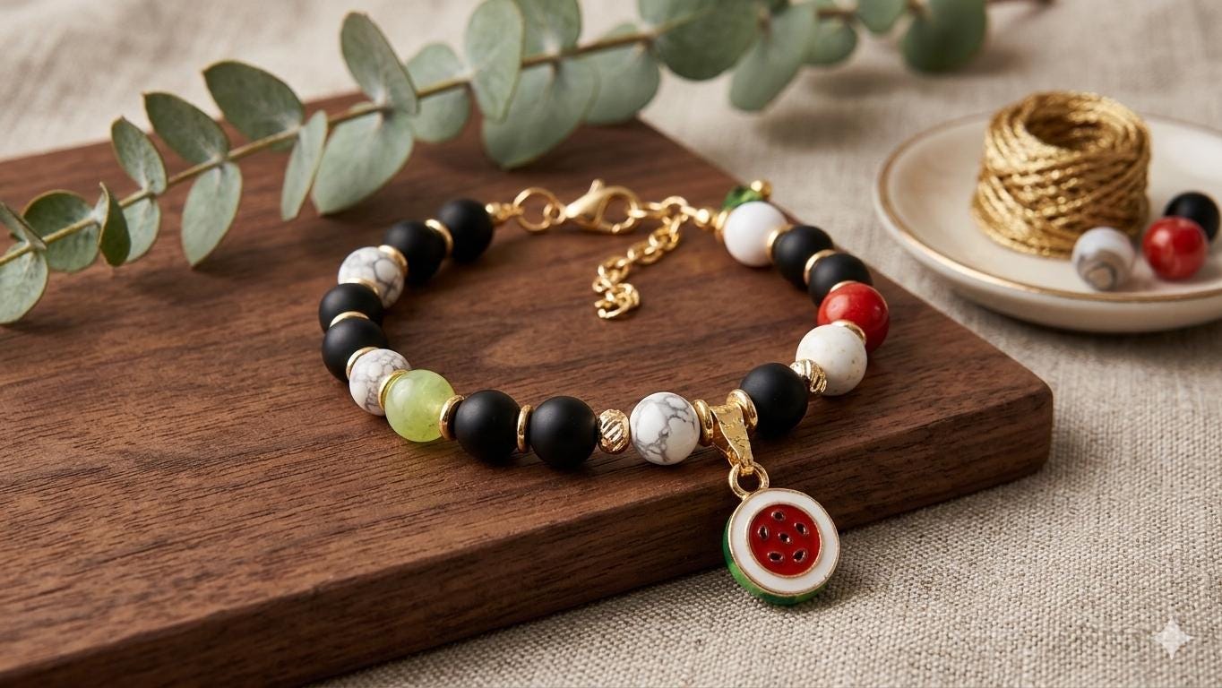 Palestine Beaded Bracelet with Watermelon Charm, Palestine Flag Colored Adjustable Jewelry — view 2