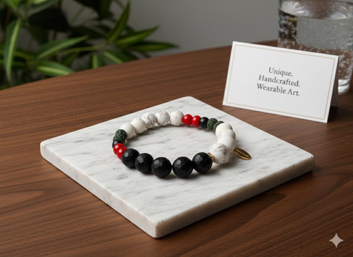 Handcrafted Palestinian Unity Bracelet, Onyx, Lava Stone