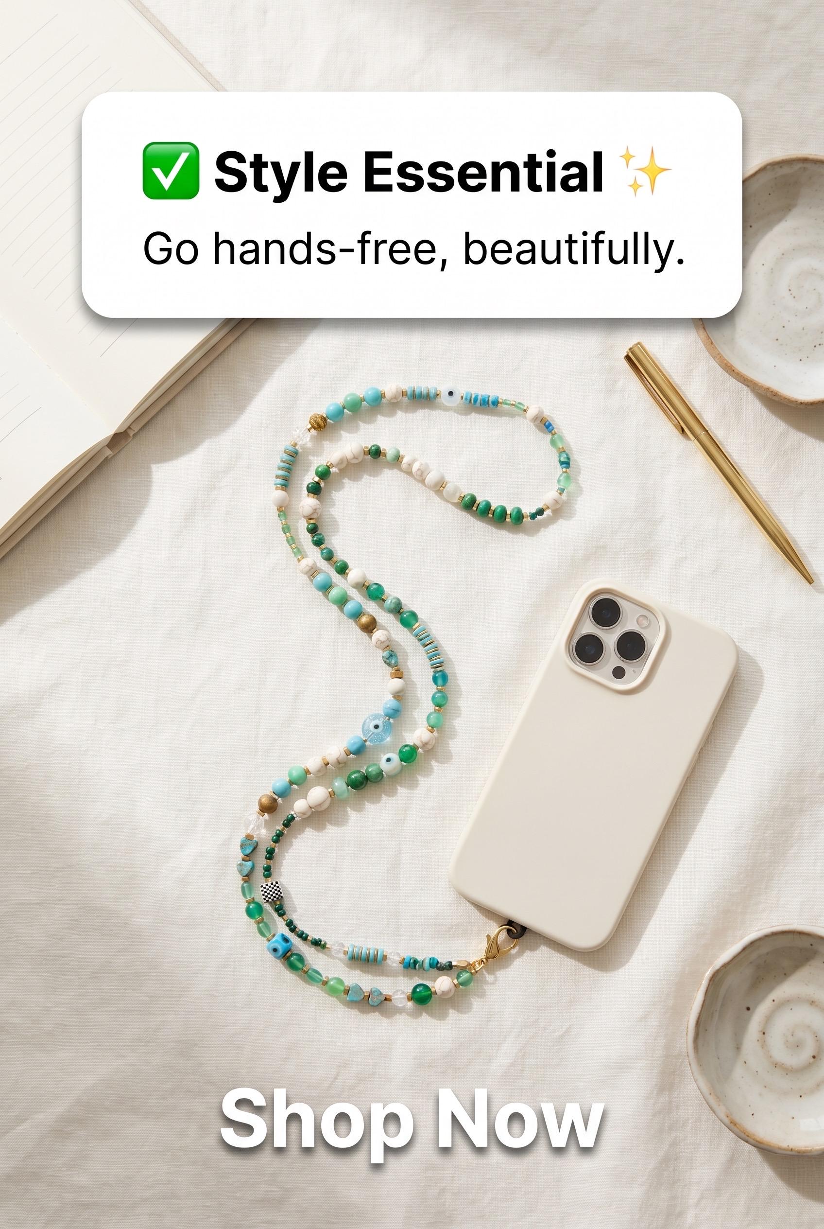 Handmade Gemstone Beaded Phone Lanyard: Turquoise & Green Crossbody Strap — view 3