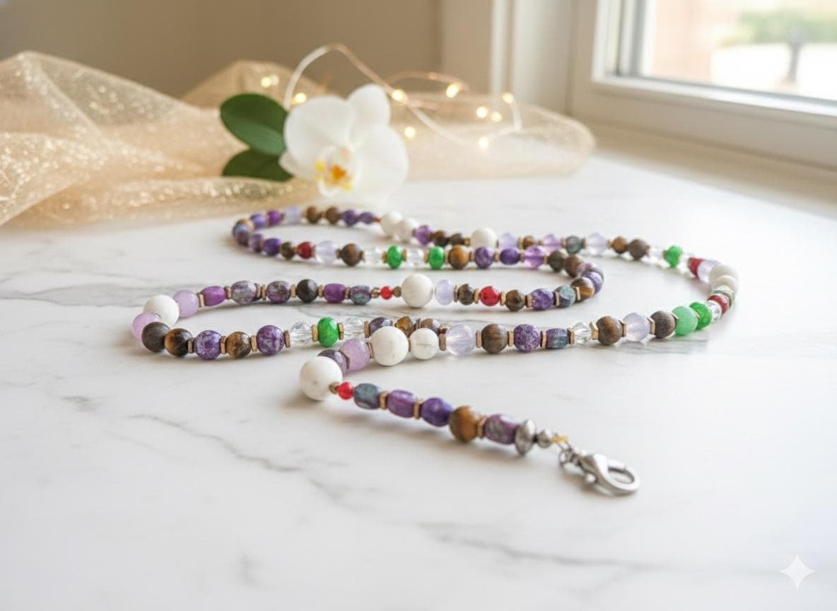 Sea Sediment Purple Jasper Beaded Crossbody iPhone Lanyard Strap