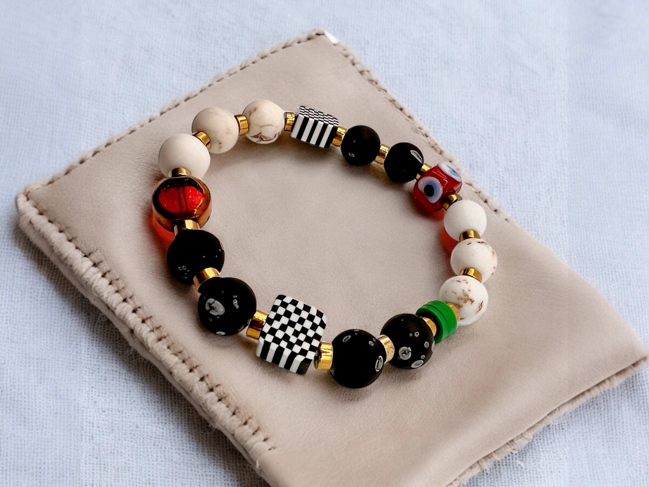 Evil Eye Stretch Bracelet- Custom Onyx Bead Palestinian Keffiyeh Jewelry — view 3
