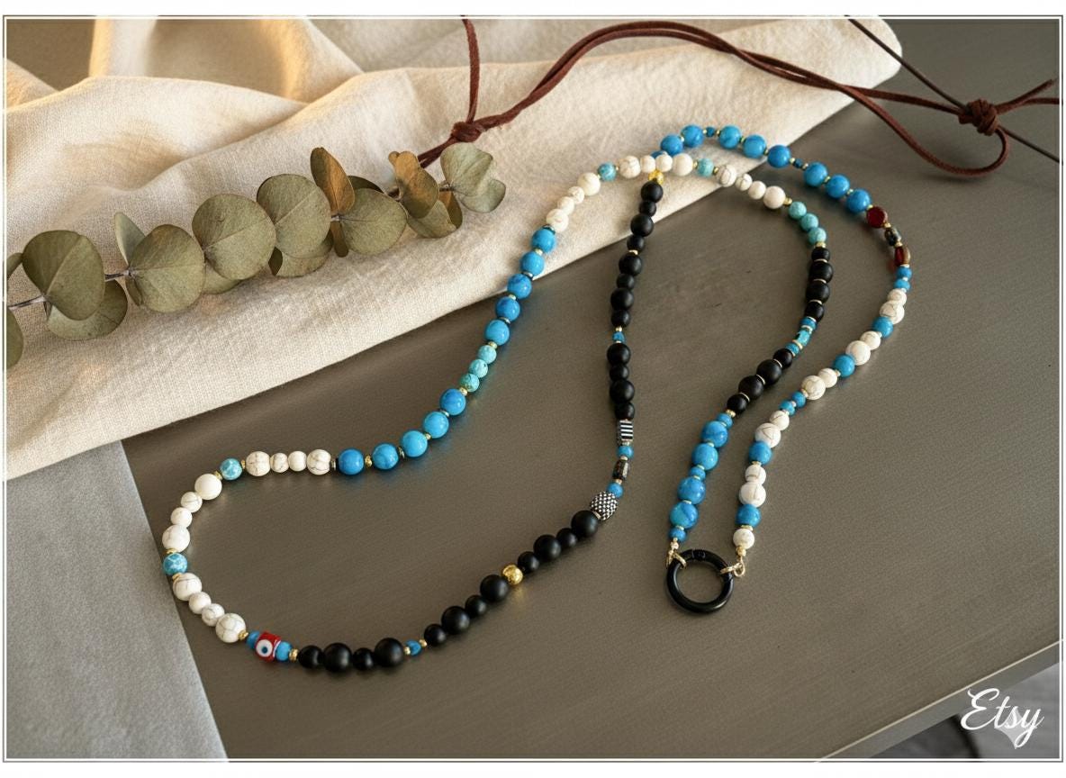 Boho Beaded Phone Lanyard | Turquoise & Black, Evil Eye Charm — view 3