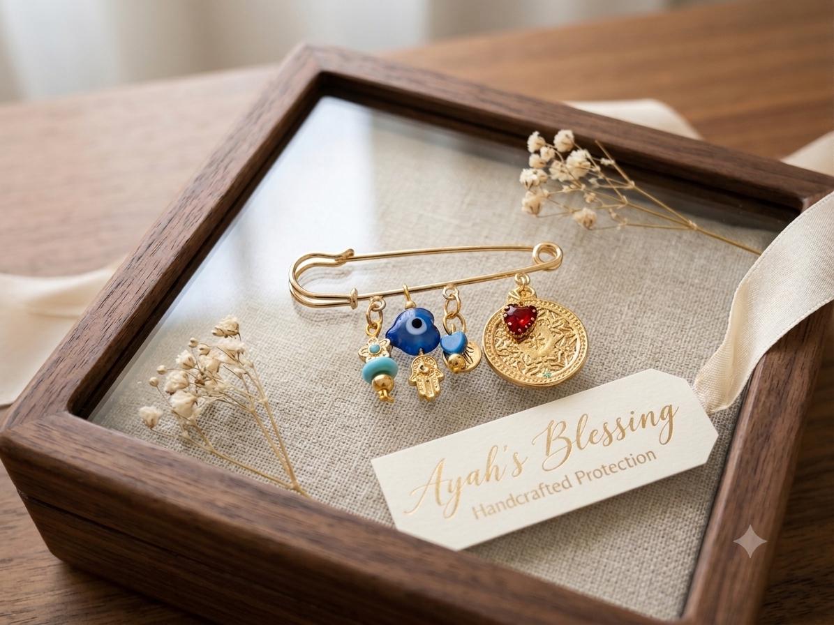 Gold Baby Safety Pin Brooch, Evil Eye Strawberry Charms, Stroller Diaper Bag Accessory