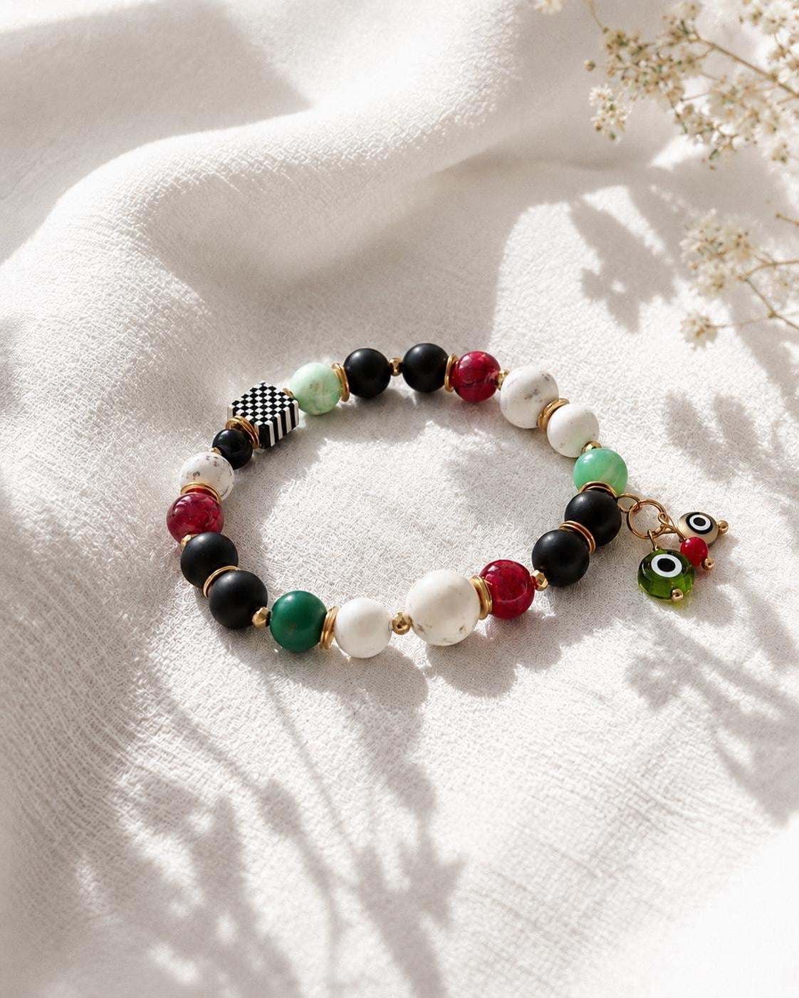 Palestinian Keffiyeh Evil Eye Charm Stretch Bracelet — view 4