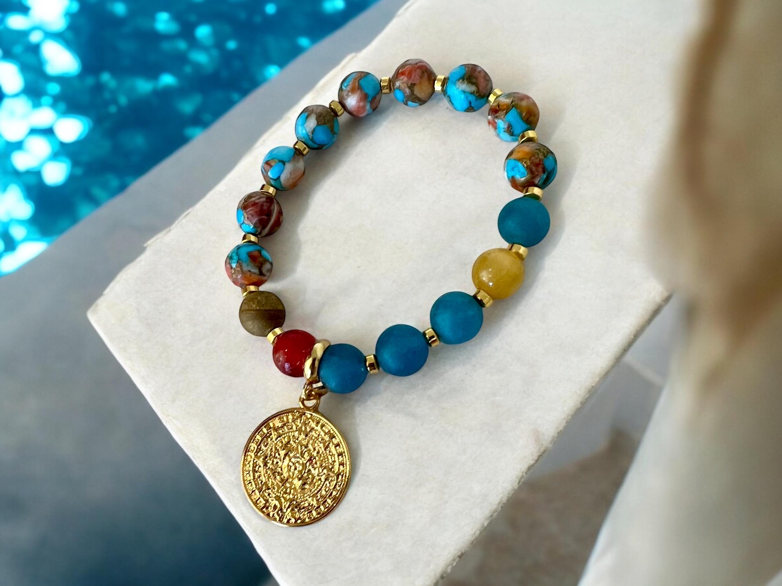 Handmade Boho Chic Turquoise & Earth Tone Beaded Bracelet with Gold Charm — view 5