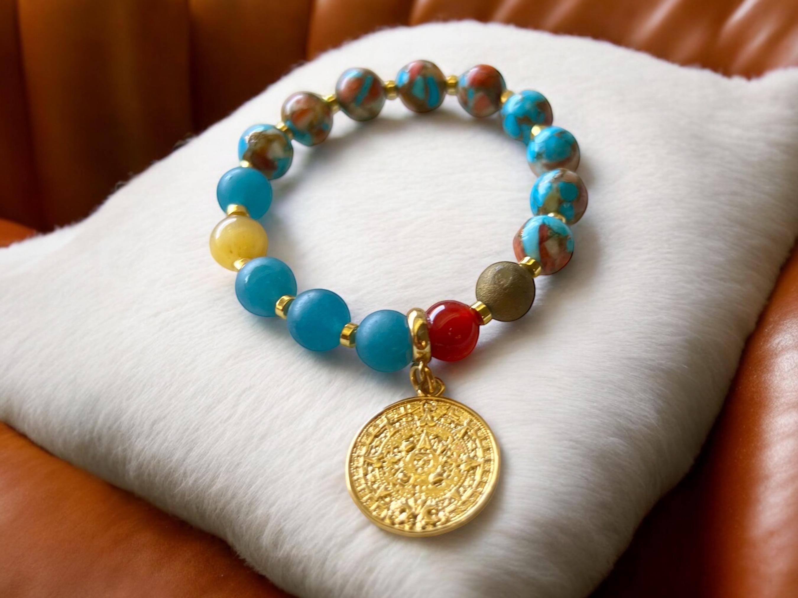 Handmade Boho Chic Turquoise & Earth Tone Beaded Bracelet with Gold Charm