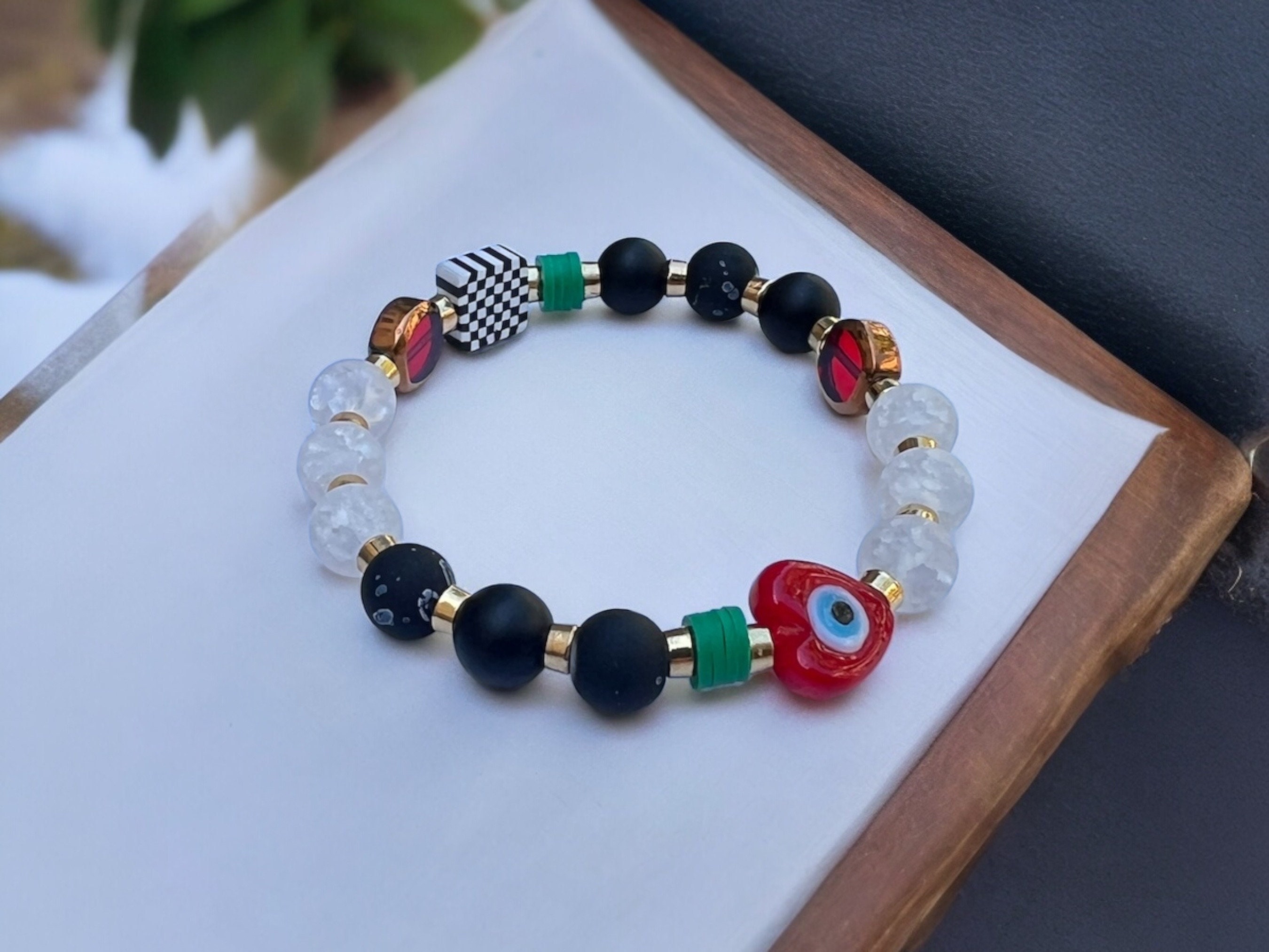 Handmade Beaded Evil Eye Stretch Bracelet — view 5
