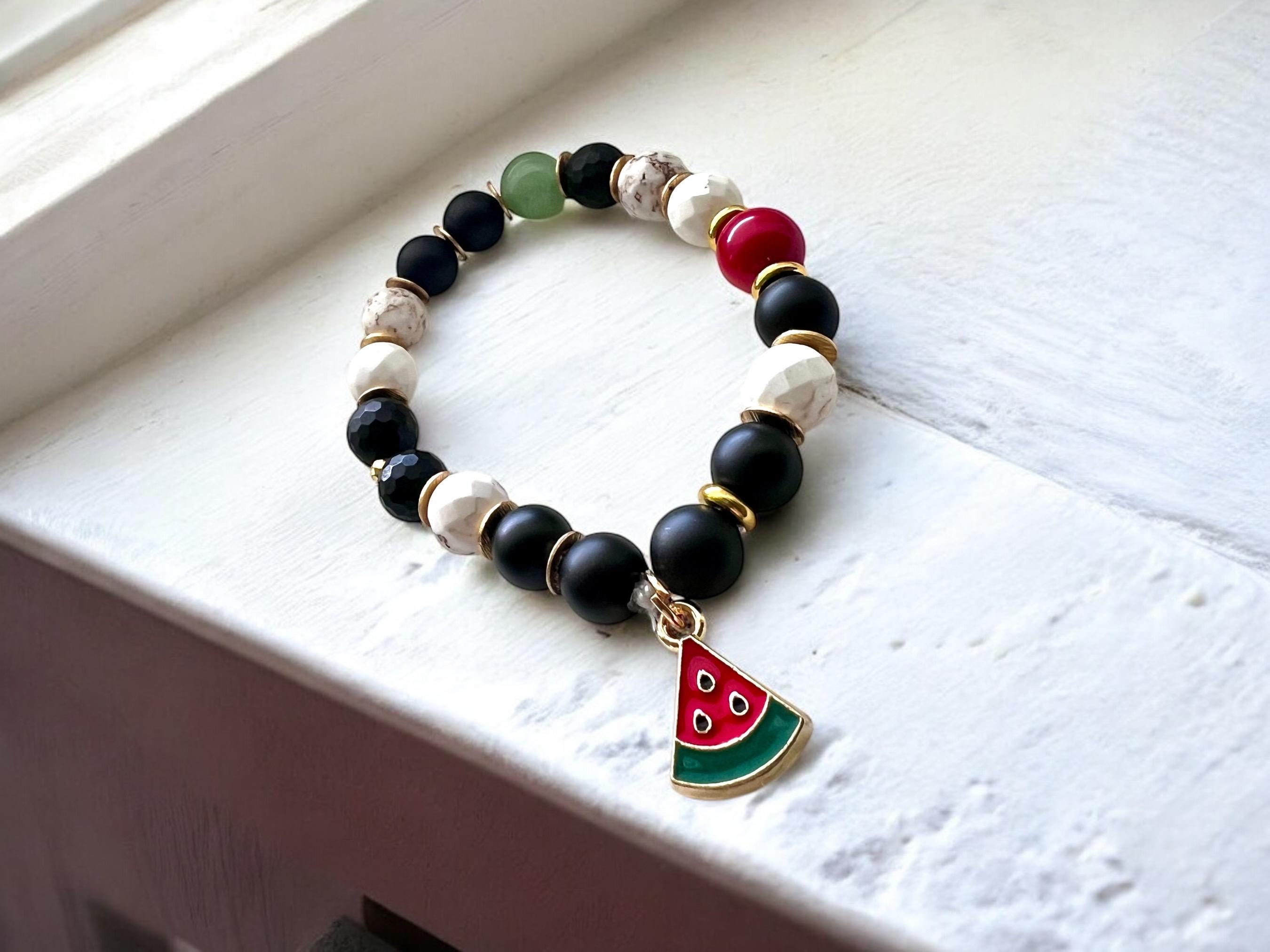 Palestinian Watermelon Unity Bracelet, Matte Black Onyx, Aventurine & White Turquoise, Handcrafted Symbolic Gemstone Jewelry — view 2