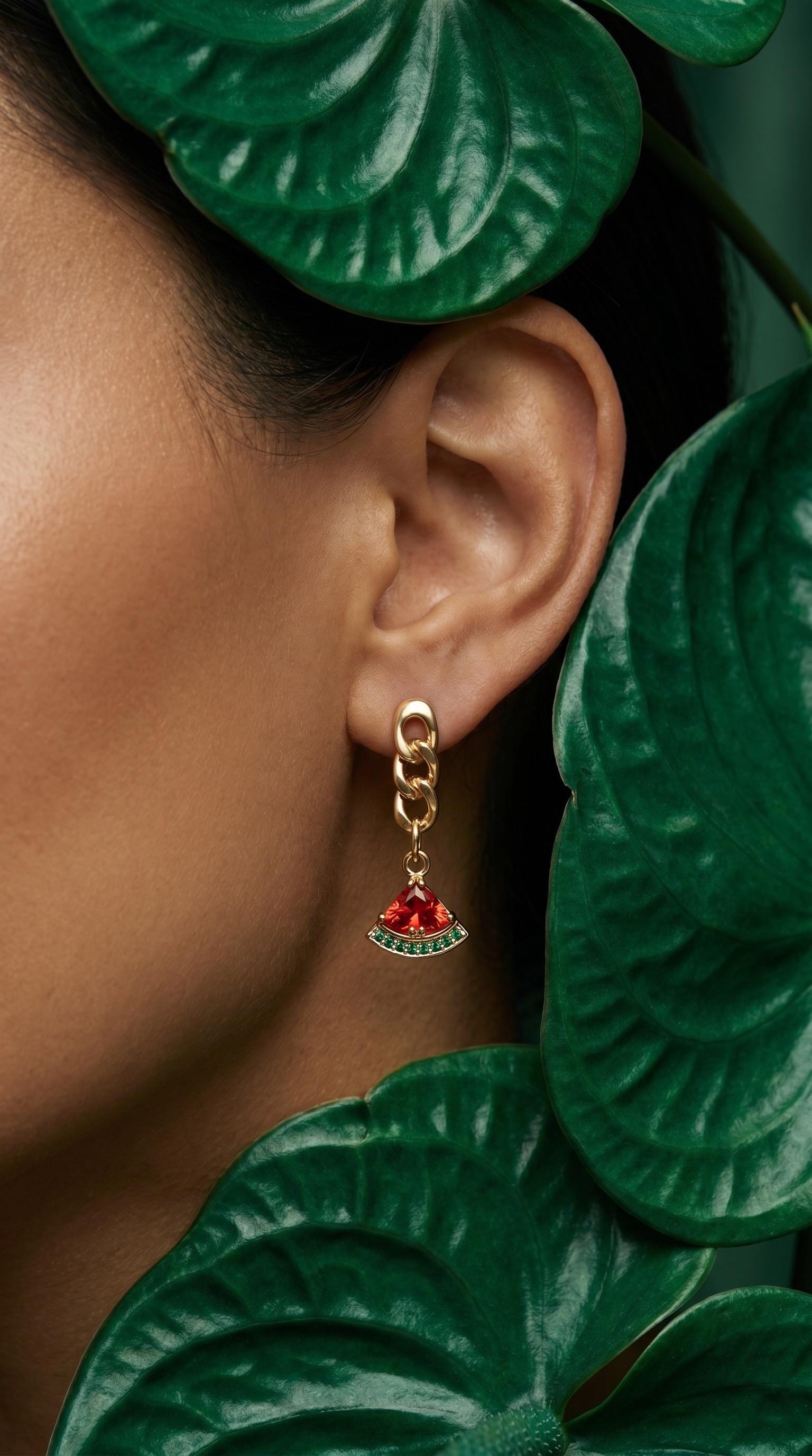14k Gold-plated Chain Hoop Earrings with Dainty Sparkling Cz Watermelon Dangle Charm
