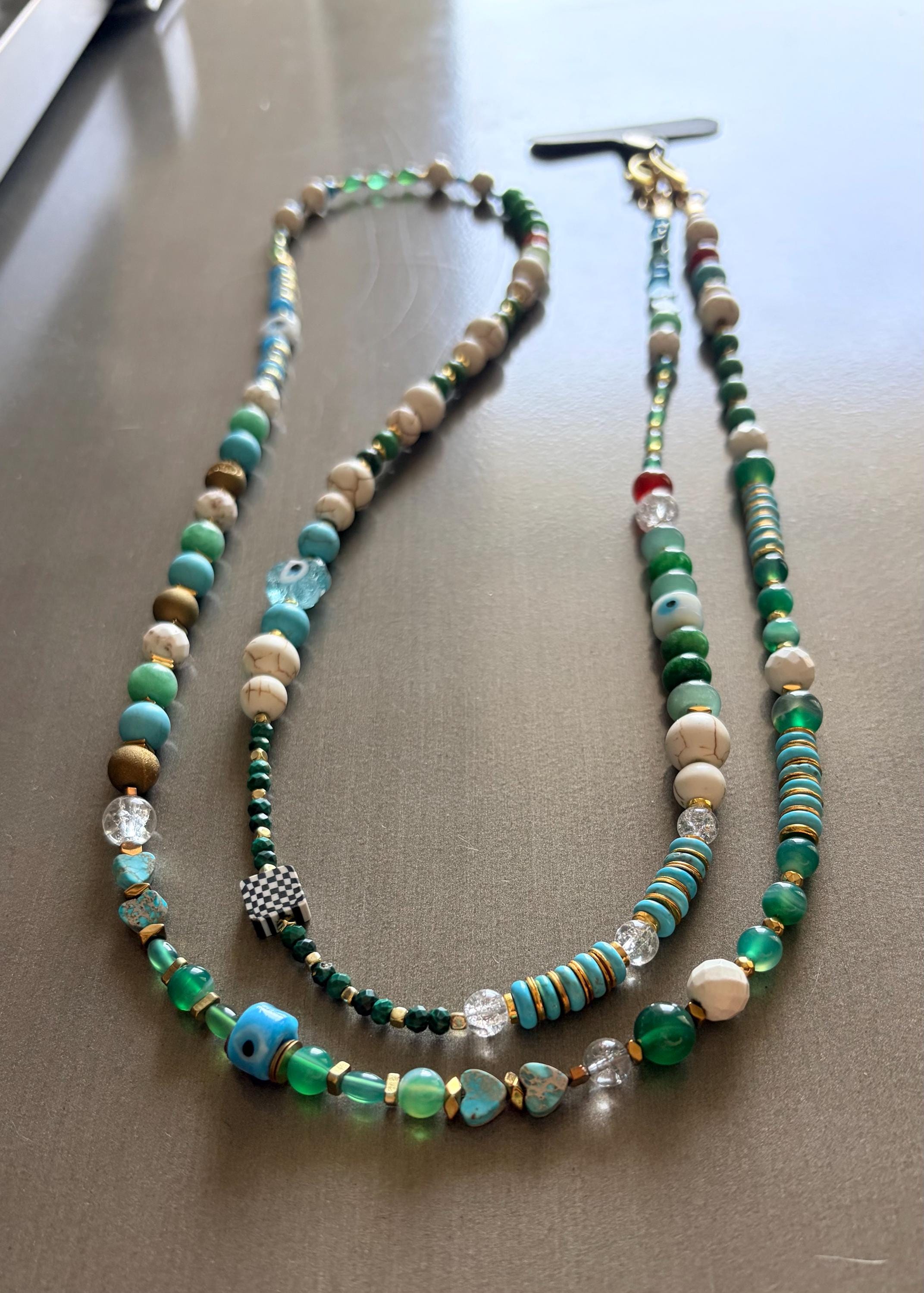 Handmade Gemstone Beaded Phone Lanyard: Turquoise & Green Crossbody Strap — view 2