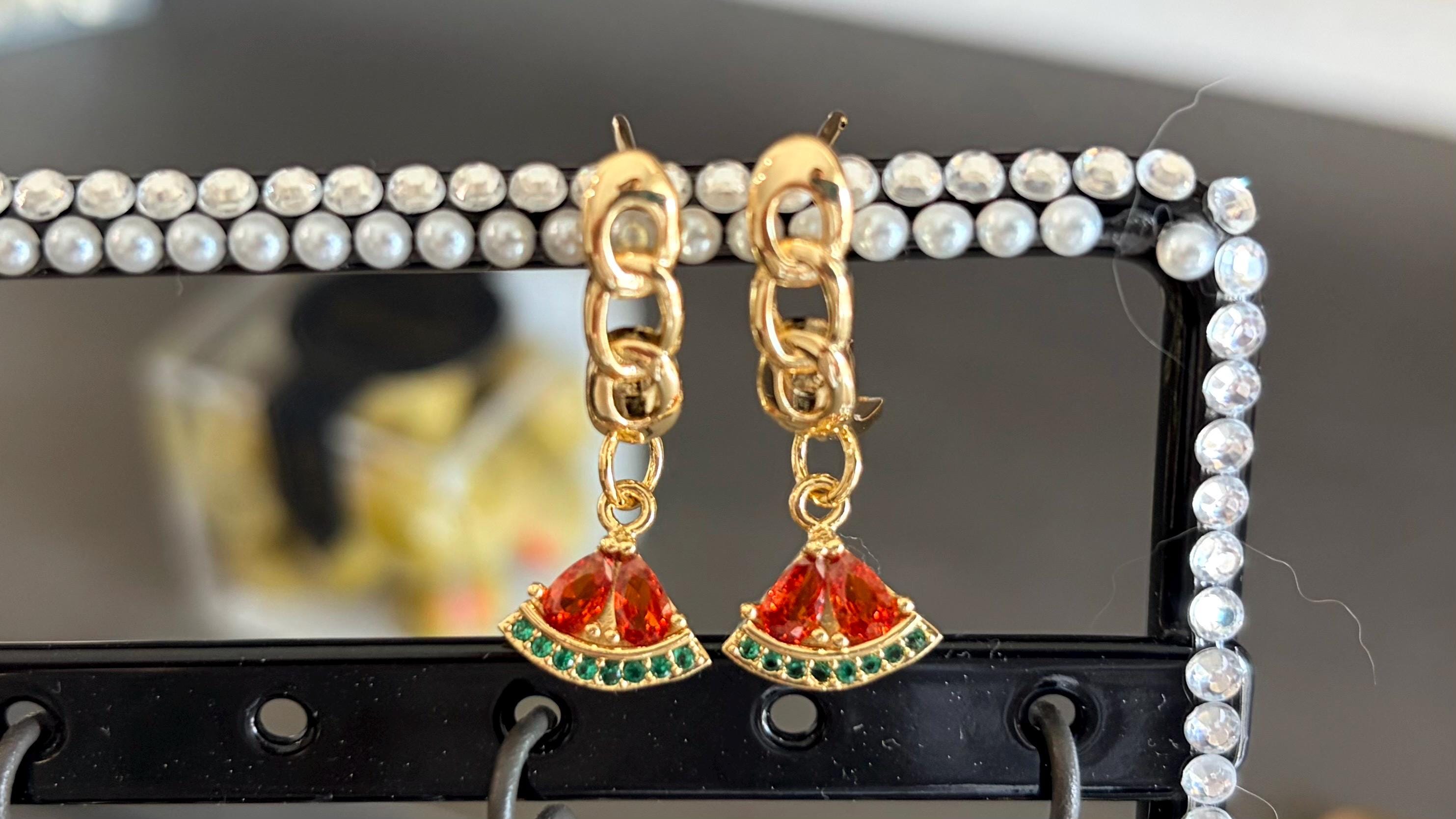 14k Gold-plated Chain Hoop Earrings with Dainty Sparkling Cz Watermelon Dangle Charm — view 4