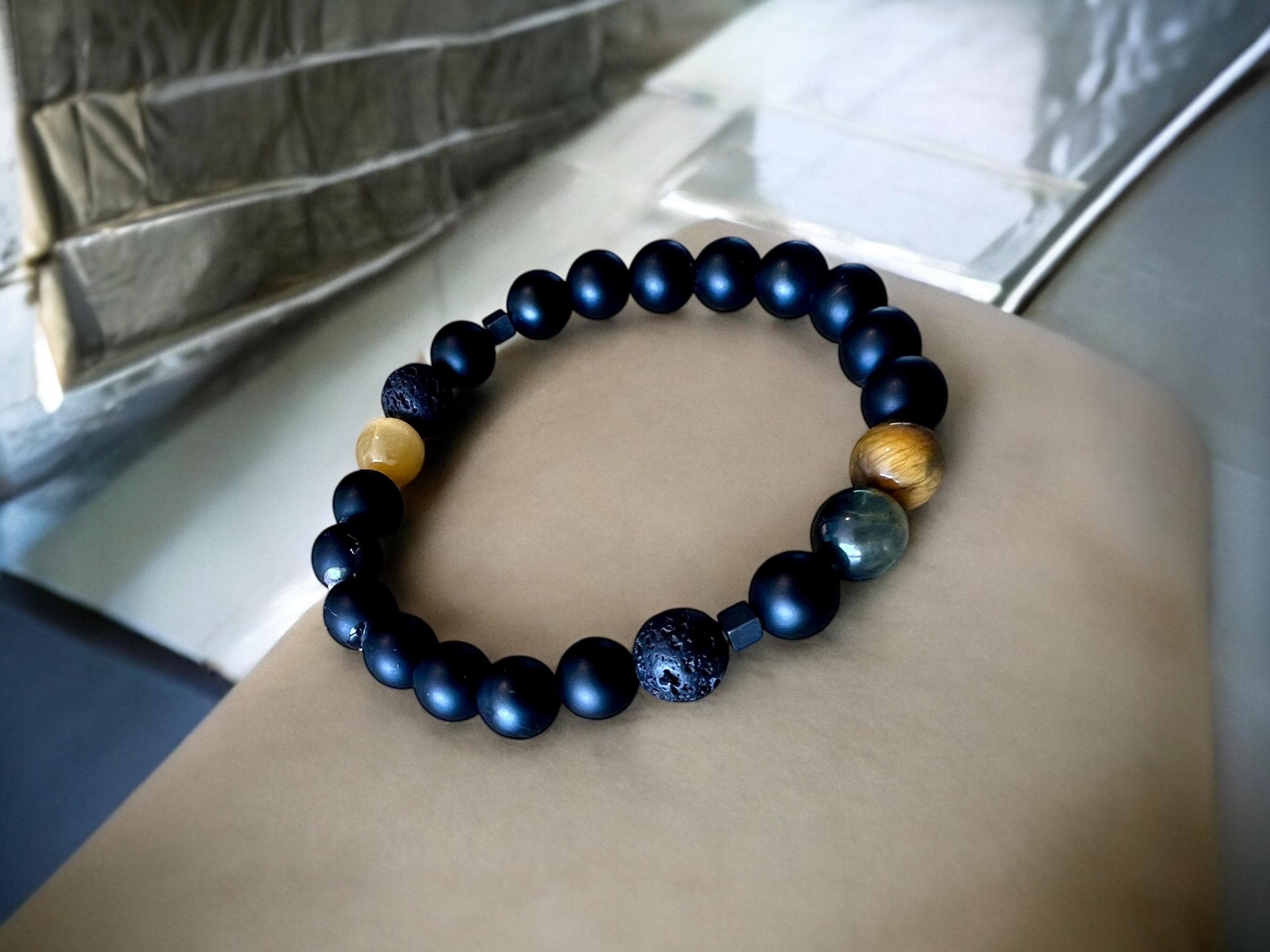 Tiger Eye & Onyx Gemstone Bracelet - Handmade Beaded Jewelry — view 3