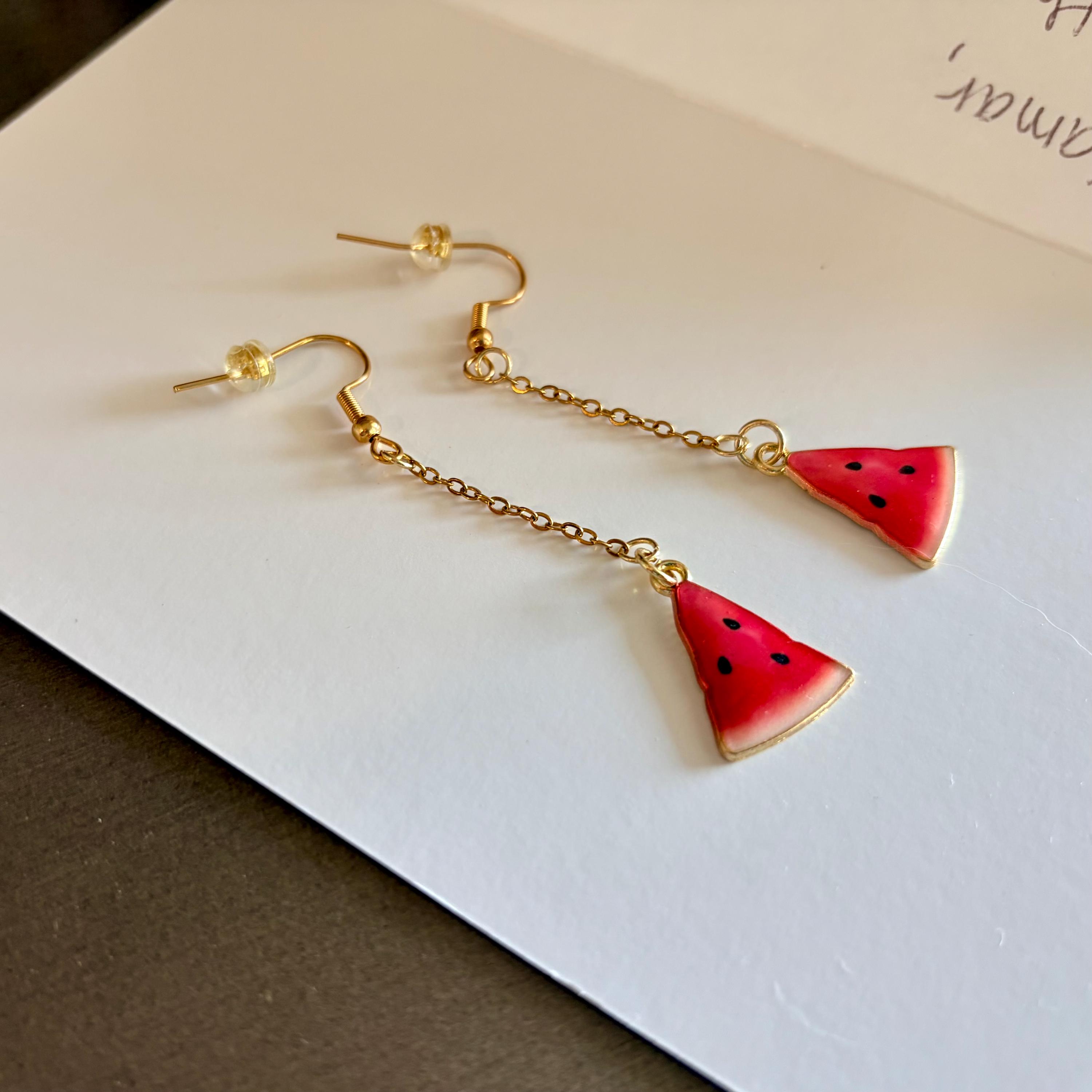 Watermelon Slice Dangle Earrings, Gold Fruit Jewelry, Summer Boho Drop Style — view 4
