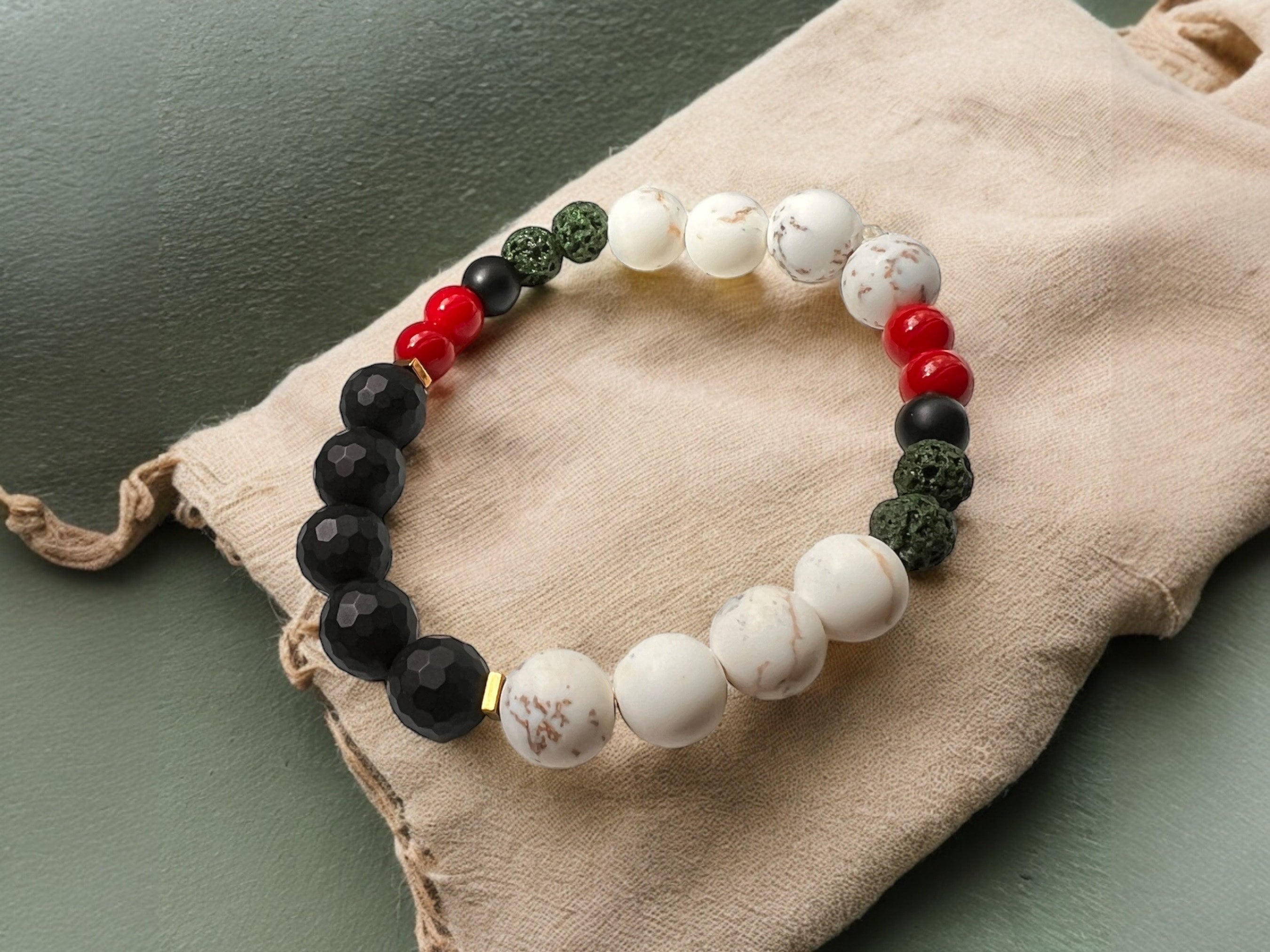 Handcrafted Palestinian Unity Bracelet, Onyx, Lava Stone — view 3