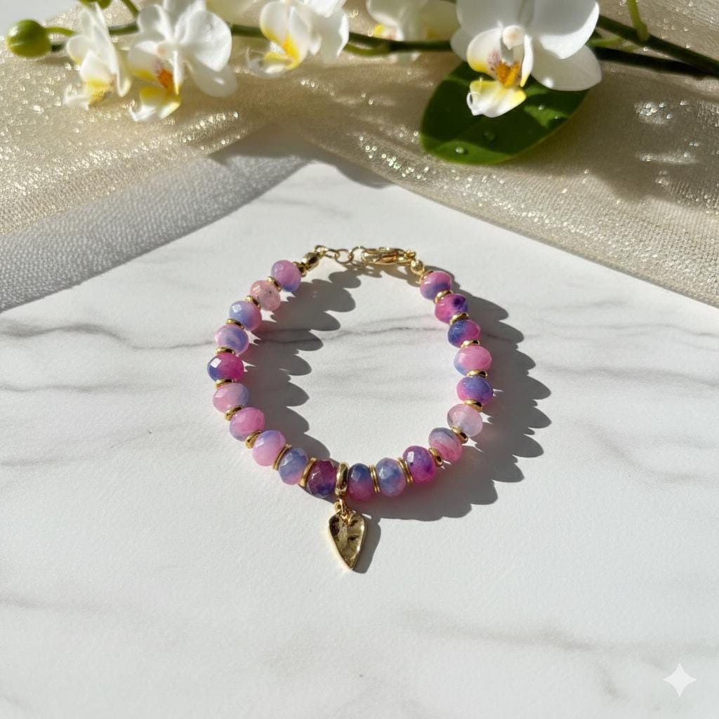 Faceted Pink Purple Jasper Bracelet, Gold Hematite Accents, Heart Charm, Boho Style — view 3