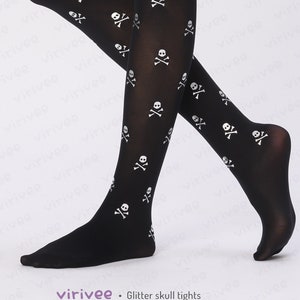 Silver skull pattern on black semi-opaque tights for women, Halloween alternative clothing