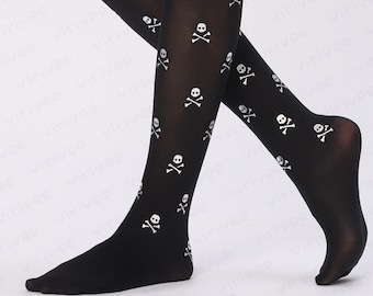 Silver skull pattern on black semi-opaque tights for women, Halloween alternative clothing