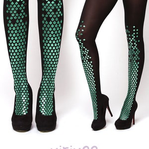 Goth mermaid tights OR thigh highs with pearlescent green fish scales. Silicone lace top semi-opaque pantyhose or hold-up