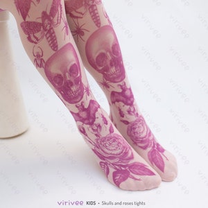 Pink goth girl tights with skulls and roses printed pattern, pastelgoth spring outfit 4-12 YEARS old gothic kids gift 8, pastel grunge