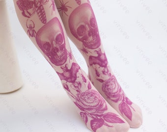 Pink goth girl tights with skulls and roses printed pattern, pastelgoth spring outfit 4-12 YEARS old gothic kids gift 8, pastel grunge