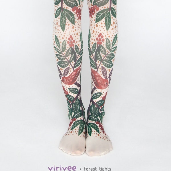 Forest tights with bird and leaf motif, opaque pantyhose printed floral pattern, boho art fashion for nature lovers, cream tights