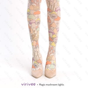 Magic mushroom tights for women, woodland fairy magical psychedelic fashion, nature lover forest girl clothing, semi-opaque ombre material