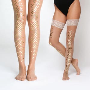 Mermaid thigh high tights / Silicone lace top nude mermaid tights / gold scale thigh high socks image 1