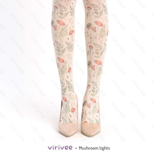 Mushroom tights for women, woodland fairy cottagecore fashion, nature lover forest girl clothing, semi-opaque ombre material