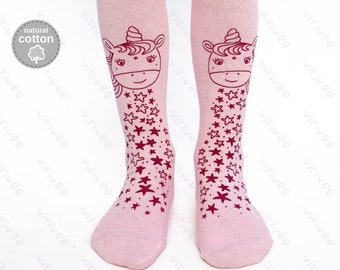 Cotton unicorn tights for baby toddler girls, pink outfit 1 2 3 5 8 years old