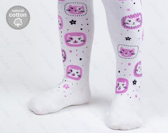 Cat head tights, kids 1-9 YEARS, hand printed cotton, design is only on the front