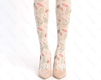 Mushroom tights for women, woodland fairy cottagecore fashion, nature lover forest girl clothing, semi-opaque ombre material