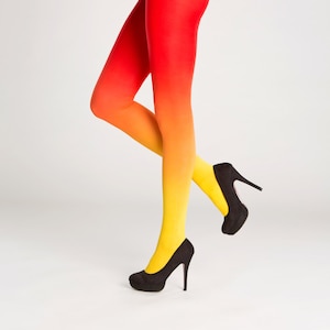 Ombre tights yellow to red, opaque party pantyhose, fancy clothing for Halloween costume and cosplay