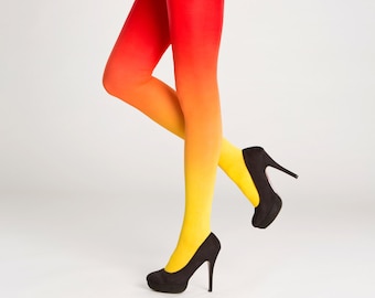 Ombre tights yellow to red, opaque party pantyhose, fancy clothing for Halloween costume and cosplay