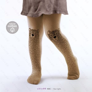 Bear tights 1-8 YEARS baby toddler girl in brown, cotton pantyhose