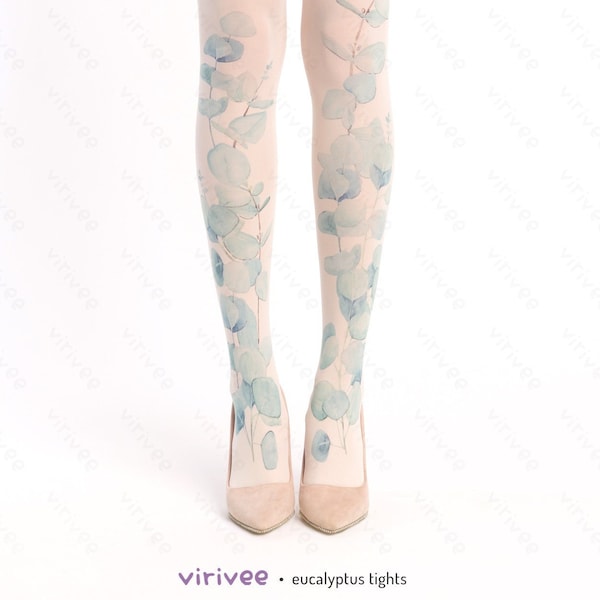 Eucalyptus printed floral tights, wedding tights for brides and bridesmaids, natural clothing, cottagecore outfit