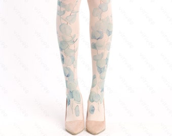 Eucalyptus printed floral tights, wedding tights for brides and bridesmaids, natural clothing, cottagecore outfit