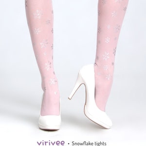 Pink silver snowflake tights for women, cosplay tights, semi-opaque pale pink pantyhose for ice queen costume