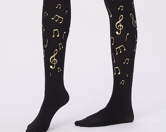 S-4XL size Music note tights, gift for musicians, plus size gold and silver pattern