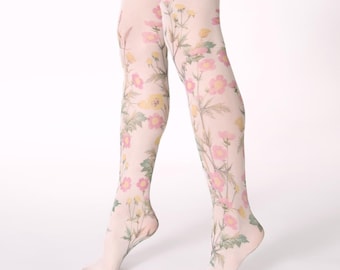 Pastel meadow floral tights S-2XL sizes for women, nature lover girl clothing, cottagecore outfit, flower for brides bridesmaids wedding