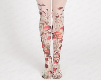 Mushroom tights for women, nature lover forest girl clothing, woodland fairy cottagecore fashion, semi-opaque material, custom tights