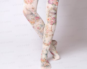 Bird cage pastel lolita tights with flowers, nature lover girl clothing, cottagecore floral printed pastel outfit for wedding