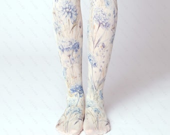 Blue meadow floral tights for women, nature lover girl clothing, cottagecore outfit, printed wedding accessory for brides bridesmaids