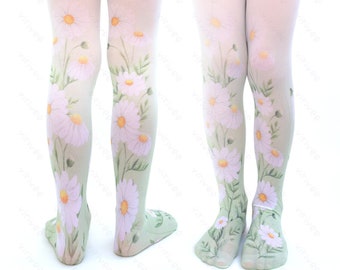 Girls daisy floral tights, spring floral patterned pantyhose for birthday weddign outfit 4-12 YEARS old kids bridesmaids