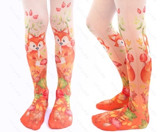 Fox tights for girls, cute animal fall autumn forest patterned tights for birthday outfit 4-12 YEARS old kids, spring pantyhose