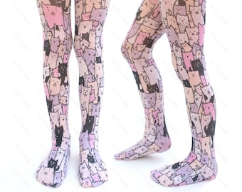 Cat tights for girls, cute printed patterned pantyhose for birthday party outfit 4 6 8 10 12 YEARS old kids