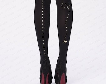 Flying bee seamed style tights, S-3XL plus size black clothing, gold and silver pattern