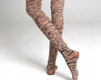 Tiger tights, animal print clothing, tigre pattern fashion, fancy safari striped printed brown semi-opaque material