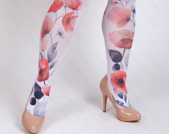 XL-4XL plus size poppy tights for brides bridesmaids, floral printed clothing for wedding, beautiful floral fashion, semi-opaque pantyhose