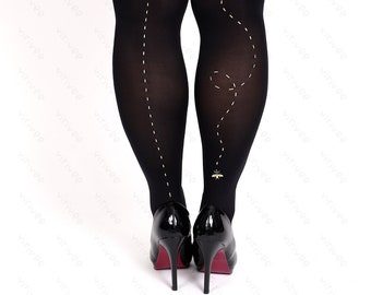 Plus size bee seamed style tights, S-3XL plus size black clothing, gold and silver patterned flying bumblebee