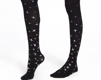 Sparkling star tights SILVER print, black opaque pantyhose for Christmas party glam outfit clothing